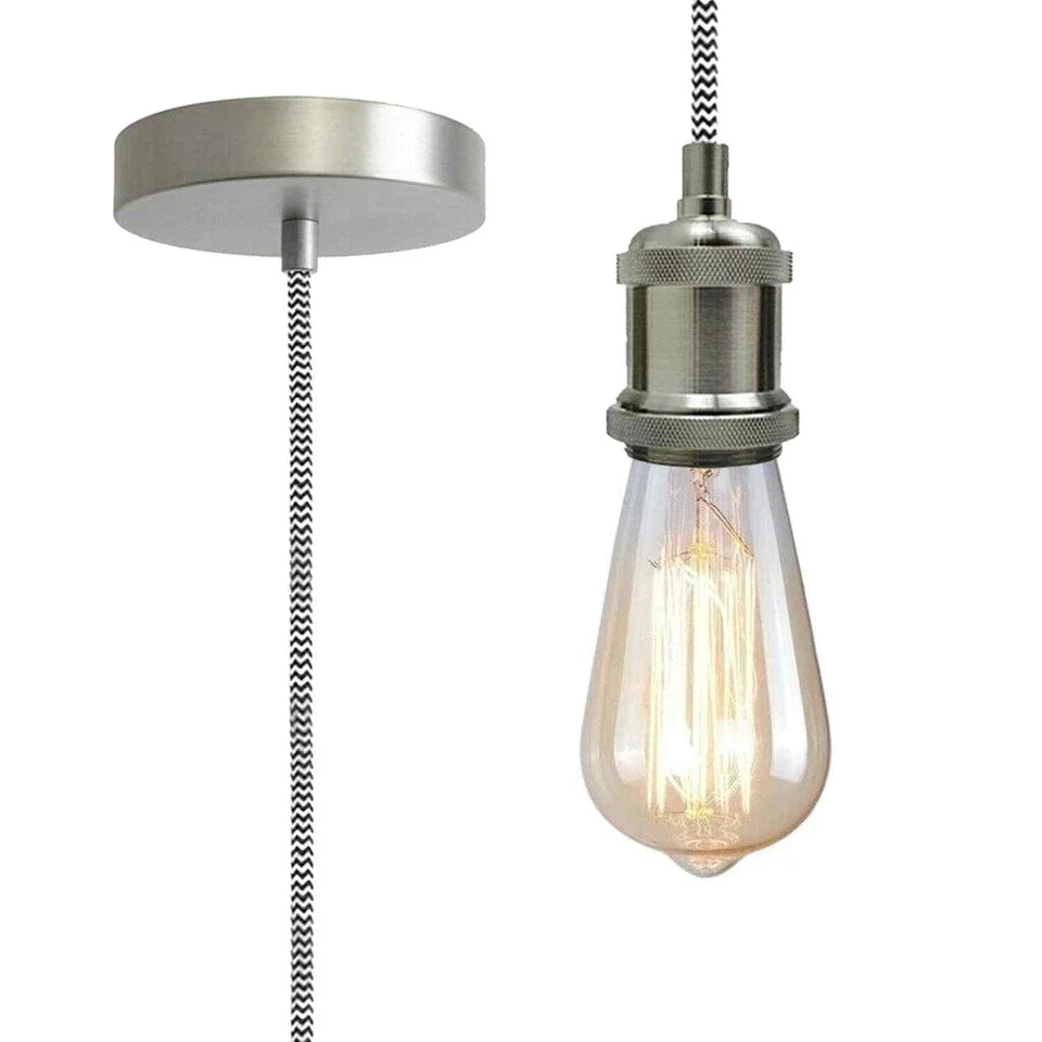 LEDSone industrial vintage 1m Black & White cable E27 Base Satin Nickel Pendant Holder without assembling~3597-2