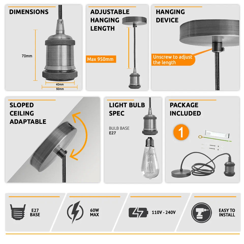 LEDSone industrial vintage 1m Black & White cable E27 Base Satin Nickel Pendant Holder without assembling~3597-4