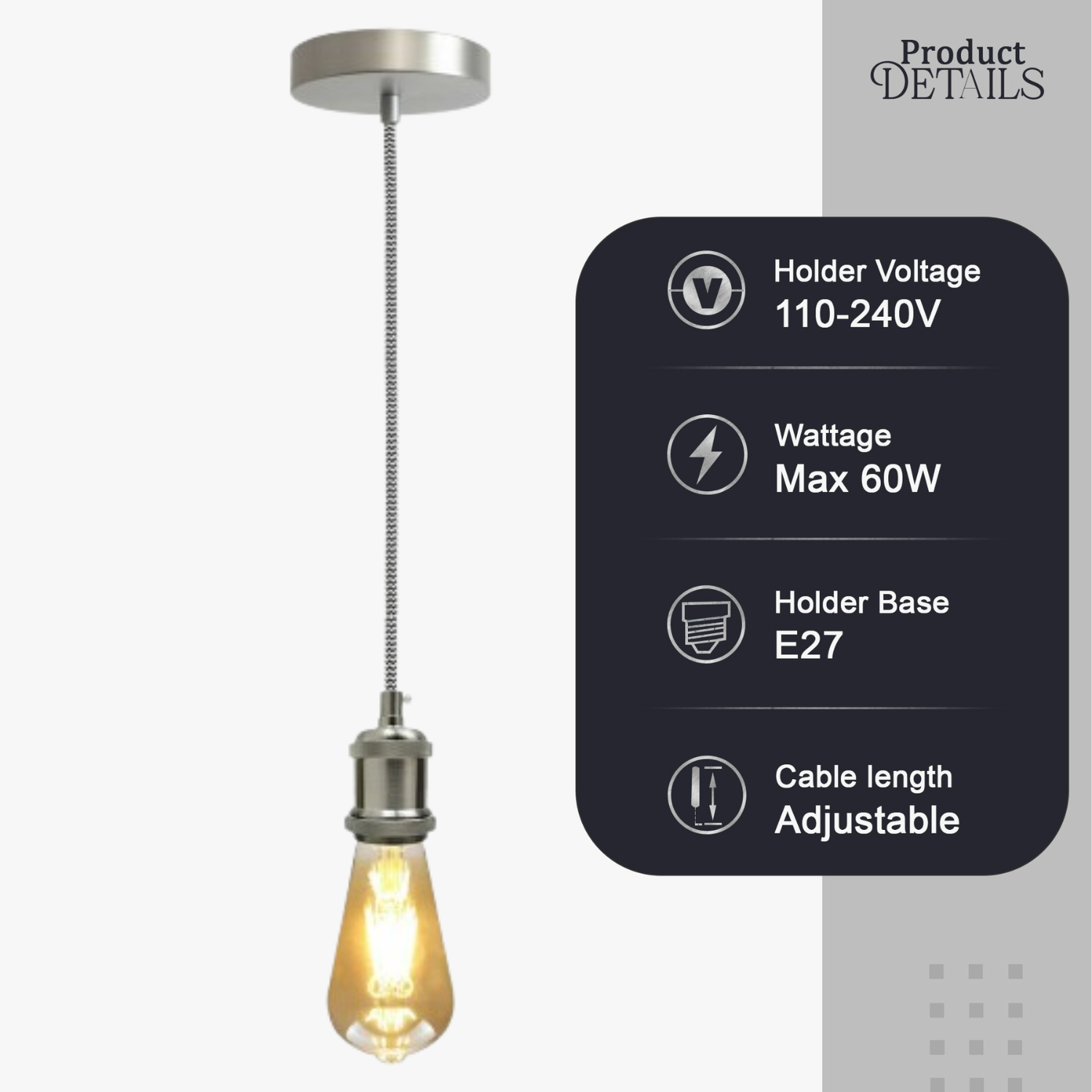 LEDSone industrial vintage 1m Black & White cable E27 Base Satin Nickel Pendant Holder without assembling~3597